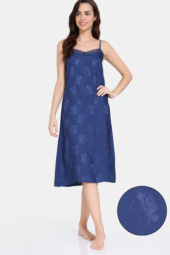 Buy Zivame Floral Vows Woven Mid Length Nightdress - Medieval Blue
